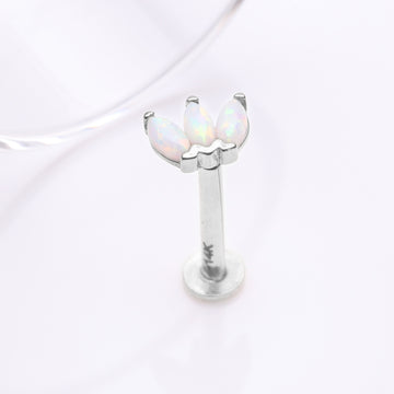 Detail View 1 of 14 Karat White Gold OneFit Threadless Triple Marquise Fire Opal Flower Flat Back Stud Labret-White Opal